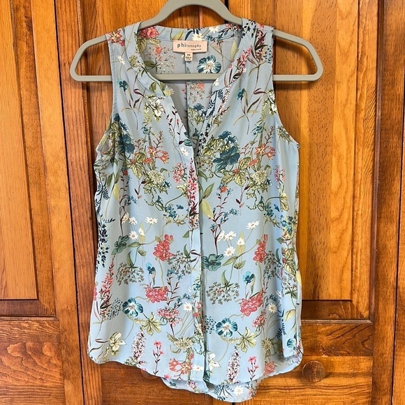 Philosophy Floral Sleeveless High Low Button Down Hidden Placard Polyester Top - Picture 2 of 14